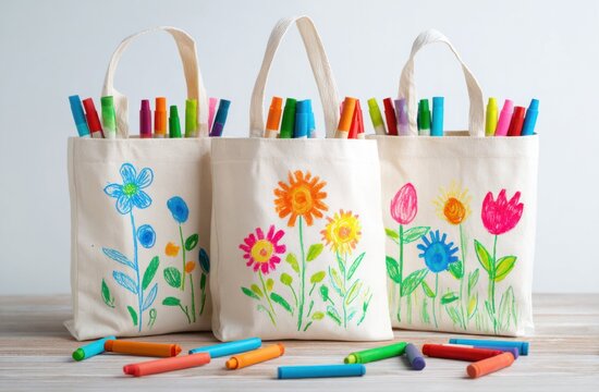 Set of three canvas tote bags decorated with colorful hand-painted floral designs, filled with children's chalks and placed on a wooden surface