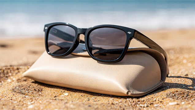 Black Stylish Sunglasses Resting on Leather Case on Sunny Sandy Beach with Ocean Background