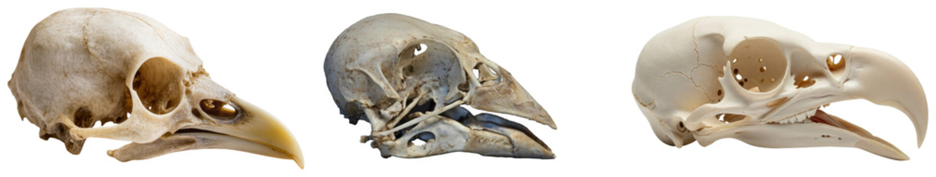 Detailed studio photograph of three distinct bird skulls, showcasing intricate bone structures and varied profiles.