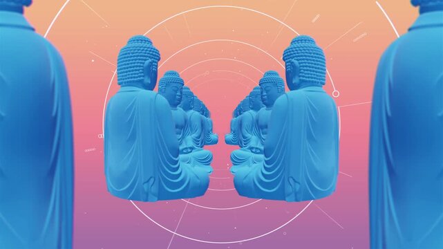 4K seamless 3d animation VJ loop featuring symmetrical, multi-armed blue Buddha statues glowing with neon accents, arranged in a spiraling, psychedelic geometric tunnel of light