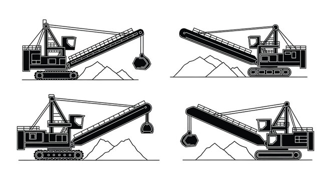 Line art illustrations of bucket chain excavators in various positions