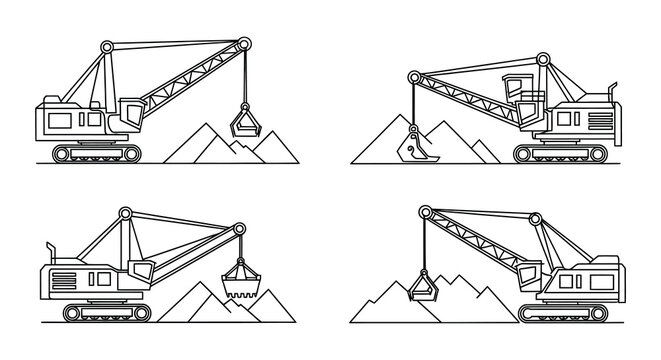 Line art illustrations of bucket chain excavators in various positions