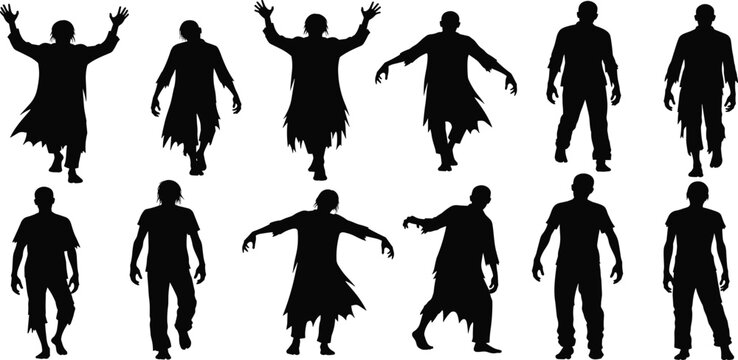 A diverse set of black vector silhouettes featuring fashion models in dresses, business people with bags, and children dancing in a stylish art illustration