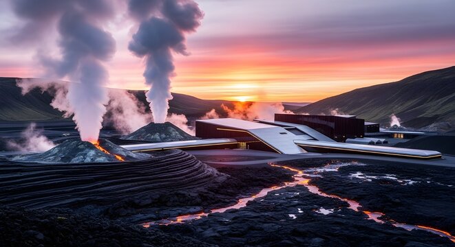 Geothermal Power Station in Volcanic Landscape at Dawn