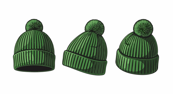Three green knitted bobble hats are displayed from different angles