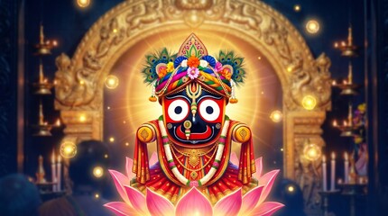 Fototapeta premium Lord Jagannath idol resting on a lotus pedestal surrounded by floating lights