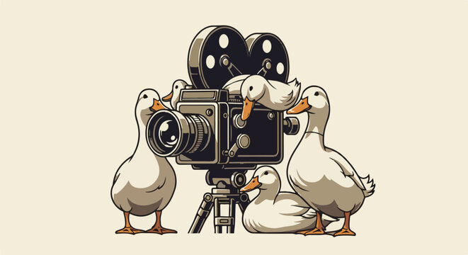 Five ducks gather around an old-fashioned movie camera on a tripod