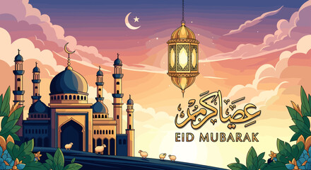 A beautiful Eid Mubarak greeting card featuring a mosque, crescent moon, and lantern against a colorful sunset sky. © Ngelus