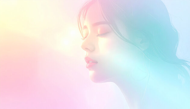 Dreamy profile of a young woman with soft colorful light leaks.