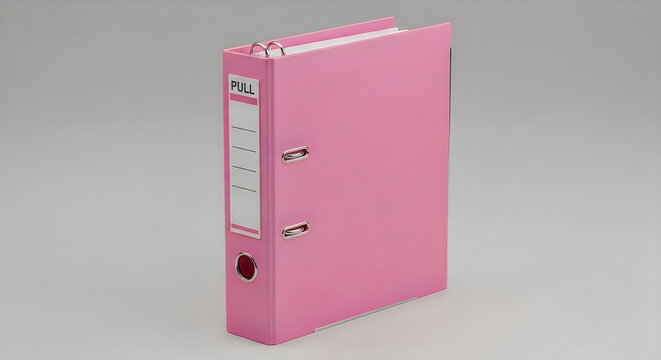 A pink binder with a pull tab label holder