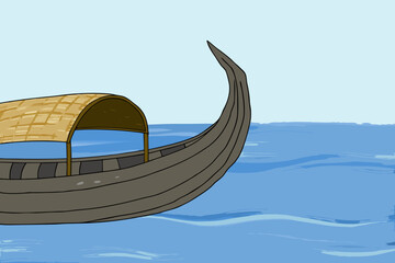 A stylized illustration depicts a traditional gondola gliding on blue water © Shuvra Majumder