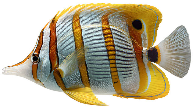 Ultra realistic HD threadfin butterflyfish tropical fins striped pattern, isolated on white background