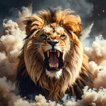 Fierce Lion Roaring Amidst Intense Dust and Smoke.