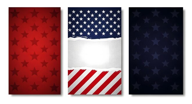 Set of three vertical banners with american flag patterns, stars, and stripes, featuring a torn paper effect with a blank space for custom text design