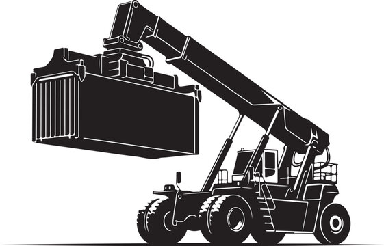 Industrial forklift, telescopic handler, heavy machinery, construction equipment, black vector