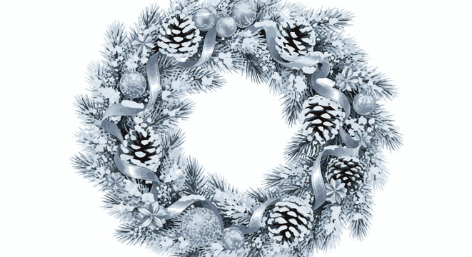 Festive winter wreath with pine cones, baubles, and ribbon accents
