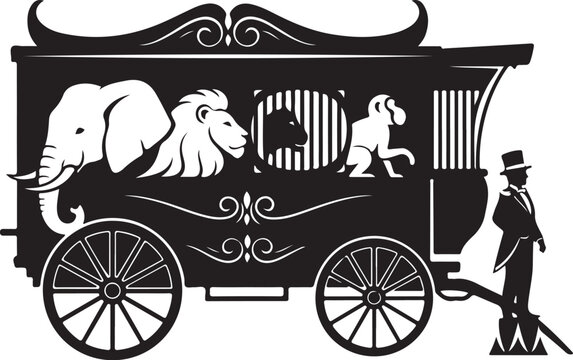 Vintage Circus Wagon, Black and White Vector, Elephant Lion Monkey, Circus Animal Transport, Classic Carriage