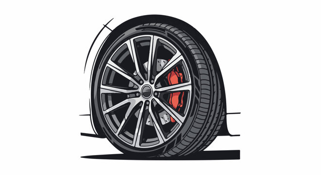 Close-up graphic of a car's tire and rim with red brake calipers