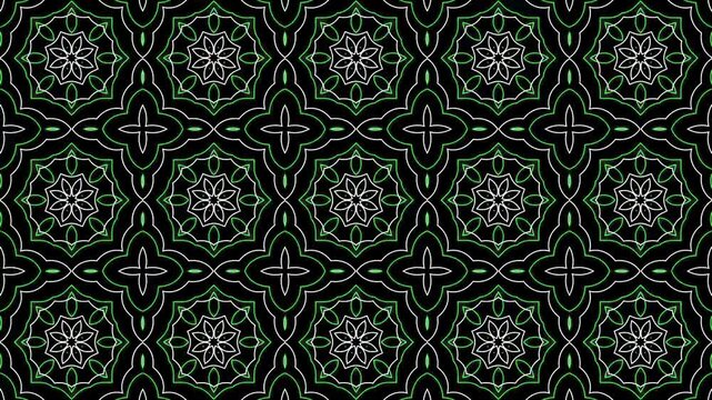 Loop animation of Seamless batik floral Pattern Animation green on black Background. Perfect for background visuals, motion graphics, branding, textiles, wallpapers, and digital design projects. 
