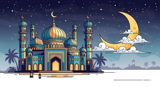 Beautiful mosque at night with crescent moon and stars, featuring palm trees and lanterns in an illustrative style.