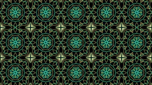 Seamless geometric floral Pattern Animation neon blue on black Background Loop. Perfect for background visuals, motion graphics, branding, textiles, wallpapers, and digital design projects. 