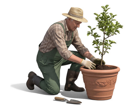 Gardener planting young tree on a pot isolated on transparent background