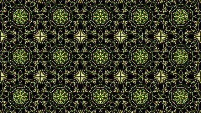 Loop animation of Seamless batik floral Pattern Animation green on black Background. Perfect for background visuals, motion graphics, branding, textiles, wallpapers, and digital design projects. 