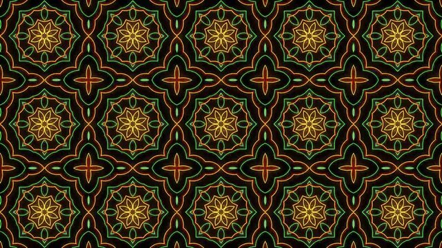 Seamless Geometric Rasta floral Pattern Animation green yellow on black Background Loop. Perfect for background visuals, motion graphics, branding, textiles, wallpapers, and digital design projects. 