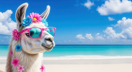 Fototapeta premium Llama in sunglasses and floral crown on a tropical beach
