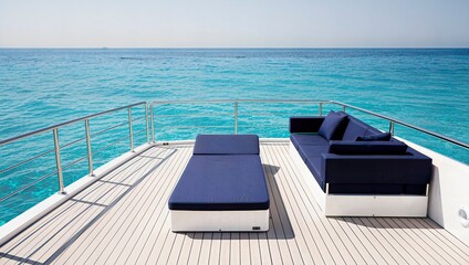 Fototapeta premium Luxury yacht deck with modern blue furniture and scenic turquoise ocean view