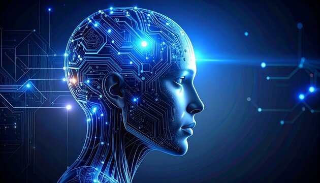 Futuristic human head sculpture made of glowing circuitry and components, symbolizing artificial intelligence, cybernetics, and the digital mind.