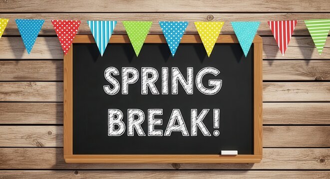 Spring break chalkboard sign with colorful bunting on wooden wall