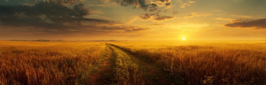 Sunset over a golden wheat field with a winding path leading towards the horizon, capturing warm tones and serene rural landscape.