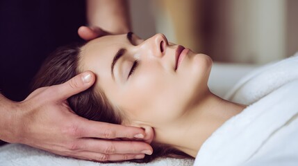 Obraz premium Close-up of a therapeutic session focusing on nervous system regulation and stress relief. face massage, healthcare, spa, holistic wellness, energy therapy. 