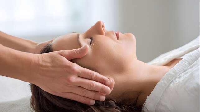 Close-up of a therapeutic session focusing on nervous system regulation and stress relief. face massage, healthcare, spa, holistic wellness, energy therapy. 