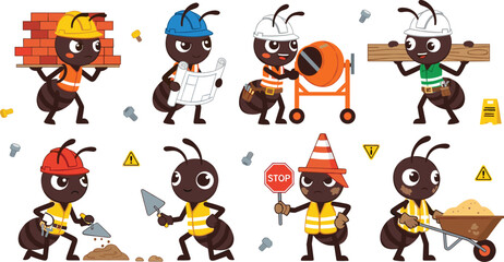 Fototapeta premium Cute Ant Construction Workers Cartoon Set with Building Tools, Safety Gear, Cement Mixer, Bricks, and Road Signs for Kids Educational and Fun Designs
