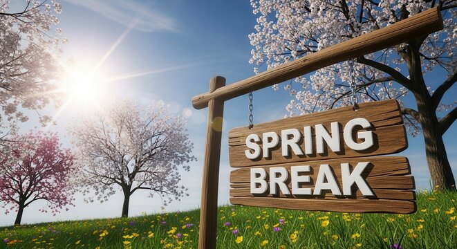 spring break sign in a field with blooming trees