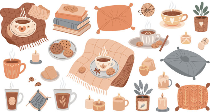 
Cozy Autumn Hygge Elements Set with Warm Drinks, Cookies, Candles, Books, Pillows, and Home Comfort Decor for Relaxing Seasonal Lifestyle Designs