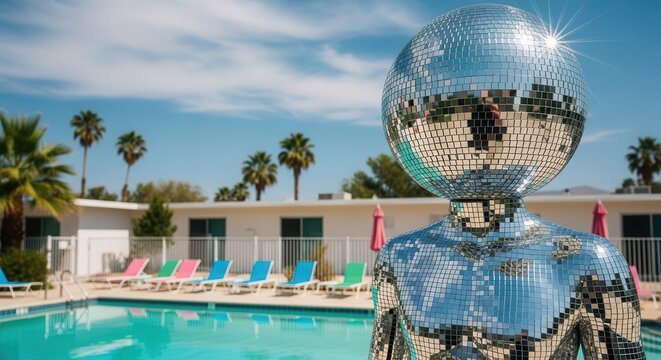 Disco ball mannequin by pool with colorful lounge chairs