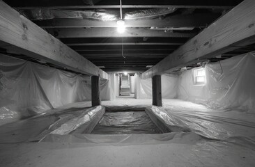 Naklejka premium Undecorated, clean white crawl space with wooden beams and structural support columns