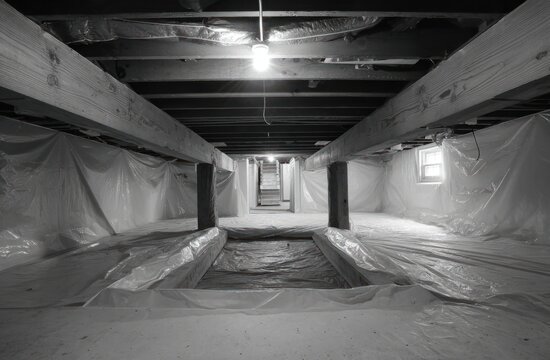 Undecorated, clean white crawl space with wooden beams and structural support columns