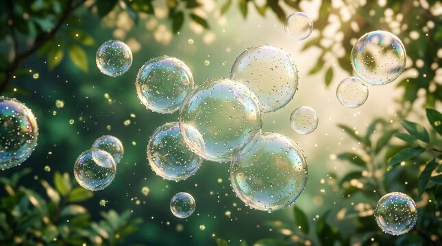 A vibrant vector illustration of transparent soap bubbles and shiny liquid spheres floating over a bright green background texture creates a fresh aqua design for an art wallpaper