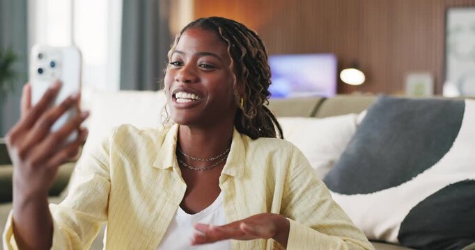 Black woman, phone and laugh with video call in home, talk and explain with funny story in living room. African person, smartphone and happy with mobile app, contact and chat on social media at house