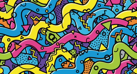 Obraz premium Seamless Pattern with Colorful Abstract Wavy Lines and Geometric Shapes