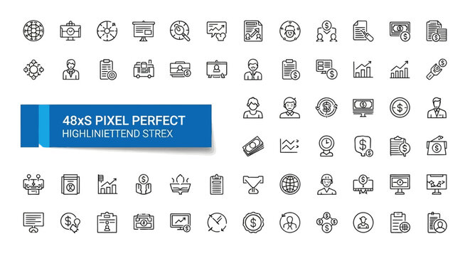 A comprehensive collection of 48x48 pixel-perfect line art icons for business and finance