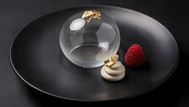 Gourmet fine dining dessert with gold leaf sugar sphere and fresh raspberry on black plate