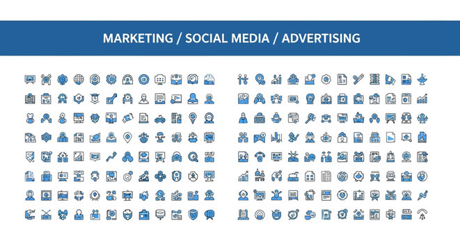 A Comprehensive Collection of Marketing, Social Media, and Advertising Icons for Digital Campaigns