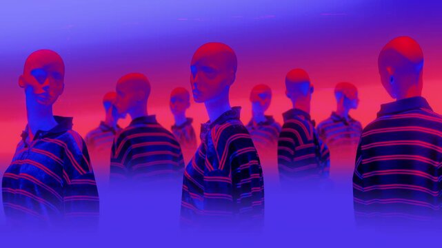 A group of faceless mannequins spinning on an endless loop in a stop motion style.
