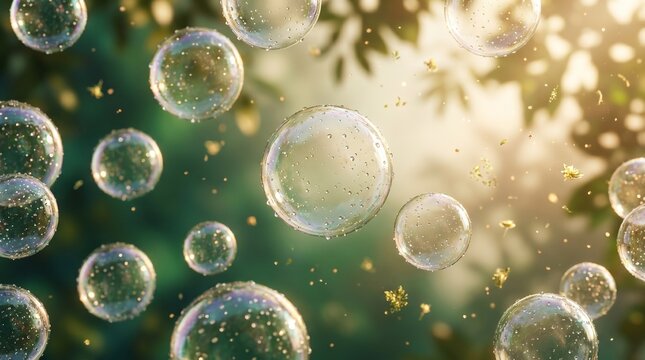 A vibrant vector illustration of transparent soap bubbles and shiny liquid spheres floating over a bright green background texture creates a fresh aqua design for an art wallpaper