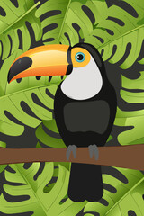 Fototapeta premium A colorful toucan perched on a branch amidst lush tropical foliage